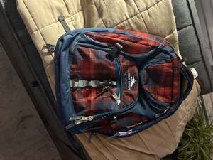 High Sierra Access Backpack in Red Plaid and Navy with Rain Cover